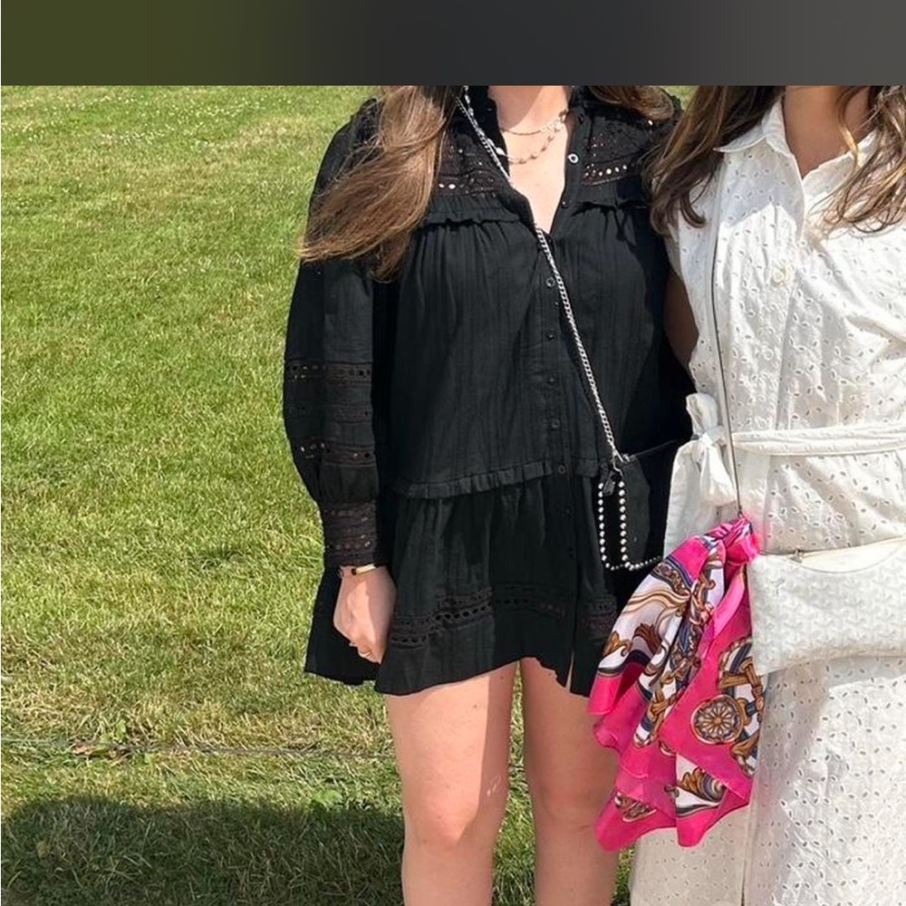 Black Eyelet Long-Sleeve Mini Dress